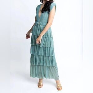 Karlie Green Metallic Double V-Neck Tiered Maxi